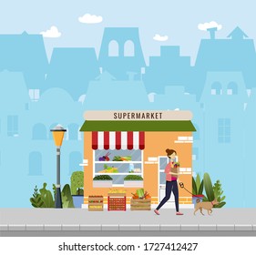 Grocery, supermarket shopping with storefront on the background. Vector illustration. Young woman alking with a bag full of grocery products