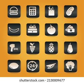 Grocery symbols on black buttons on yellow background