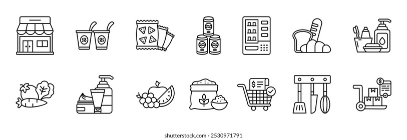 Conjunto de ícones de linha fina de supermercado. Contendo loja, macarrão, lanche, refrigerante, máquina automática