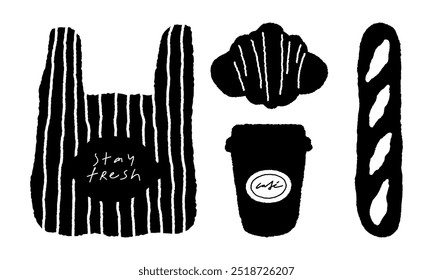 Einkaufstasche, Kaffee zum Mitnehmen, Croissant, Baguette. Cafe Essentials. Urban Lifestyle. Fette handgezeichnete Illustration einzeln auf weißem Hintergrund