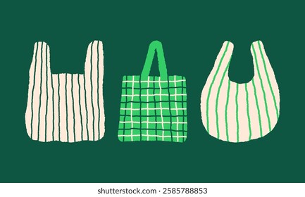 Grocery tote bag. Reusable supermarket bags. Sustainable shopping. Simple naive illustration