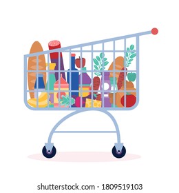 Grocery trolley with different foods, beverages and bottles. Colorful flat vector drawing.