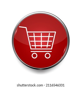 Grocery trolley icon. Red badge. Supermarket wagon. Site button. Simple design. Vector illustration. Stock image. 