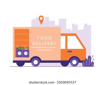Grocery truck, express delivery service to customers' home. Character design. Vector flat illustration