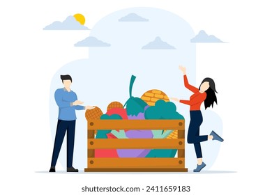 grocery vegetables concept. Characters buying fresh organic vegetables, putting them in shopping cart and vegetable box delivery. The concept of supporting local production. Flat vector illustration.