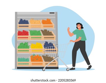 Grocery vegetables illustration. Character buying online fresh organic vegetables, putting in shopping basket and veggie box delivery. Local production support concept. Vector illustration.