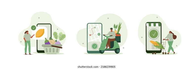 Ilustración de verduras de la huerta. Personajes comprando verduras orgánicas frescas en línea, poniendo cesta de compras o carrito y recibiendo entregas. Concepto de entrega de alimentos para la compra de alimentos. Ilustración vectorial.