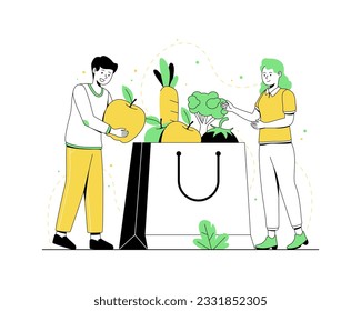 Grocery vegetables in a paper bag. People shopping grocery vector concept illustration