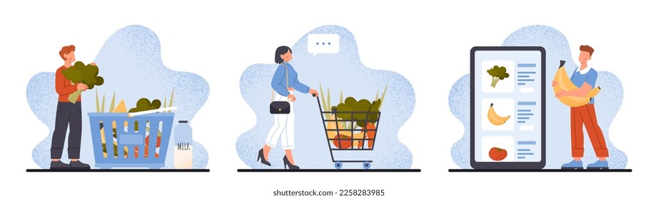 Grocery vegetables set. Collection of characters with basket, shopping cart and smartphone buying natural and organic products. Cartoon flat vector illustrations isolated on white background