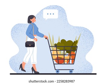 Grocery vegetables in trolley. Woman goes to supermarket with natural and organic products. Support your local store. Housework and routine. Banana, tomato and carrot. Cartoon flat vector illustration