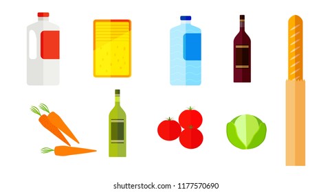 Grocery vegetarian products set, isolated on white background, cartoon vector illustration. Fresh tomatoes, carrots, cabbage, cheese, water and milk, red and white wine, graphic design elements.