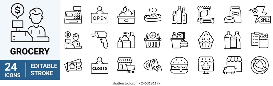 Web-Linie-Symbole für Lebensmittel. Supermarkt, Milch, Käse, Eier, kostenlose Lieferung, Brot, Gemüse, Obst. Vektorillustration. Bearbeitbarer Strich