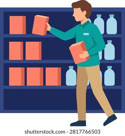 Grocery worker stocking items on blue retail shelves. A flat vector illustration of a store clerk in a teal shirt stocking orange boxes on blue shelves. Features light blue bottles. Ideal for retail training or grocery store blog posts.