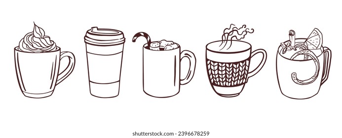 Grog, compote, cocoa, tea, coffee, cookie. Hot winter drinks cup, mug. Hand drawn illustration for cold days. Christmas winter mood doodle vector Concept for cafe, poster, recipes, social media