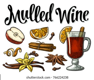 Grog with glass and ingredients. Mulled wine calligraphic lettering. Cinnamon stick, apple, lemon, anise, clove. Isolated on white background. Vector color vintage engraving illustration.