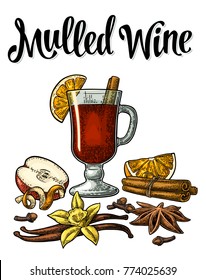 Grog with glass and ingredients. Mulled wine calligraphic lettering. Cinnamon stick, apple, lemon, anise, clove. Isolated on white background. Vector color vintage engraving illustration.