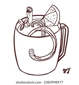 Grog, hot cocktail Christmas bar menu. Hot spicy fruit and citrus season drink in cup and hand drawn ingredients vector illustration for cafe, restaurant menu, poster, flyer.