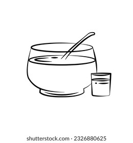 Grog. Vector illustration with hot tasty drink and its ingredients in circle composition and handwriting. Hand drawn doodle cup with delicious beverage for recipe card, poster or menu design