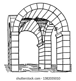 Groin Vault refers edge between intersecting vaults, barrel or cross vault, vintage line drawing or engraving illustration.