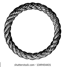 Grommet é um anel de corda usado para vários fins feitos de um fio colocado três vezes em torno de sua própria parte central formada em um loop do tamanho desejado, vintage gravura ilustração.