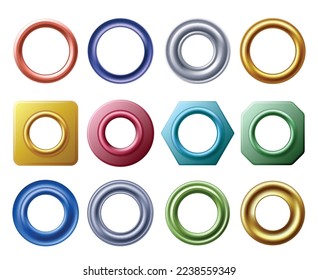 Grommet rings. Metal and golden eyelets for label holes, round hole metallic grommets and curtain eyelet vector set of round ring metal design illustration