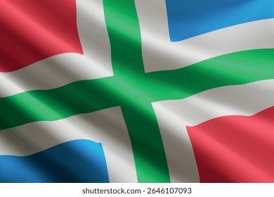 Bandeira de Groningen acenando ao vento, textura de seda detalhada e realista. Província dos Países Baixos
