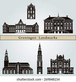 Groningen landmarks and monuments isolated on blue background in editable vector file