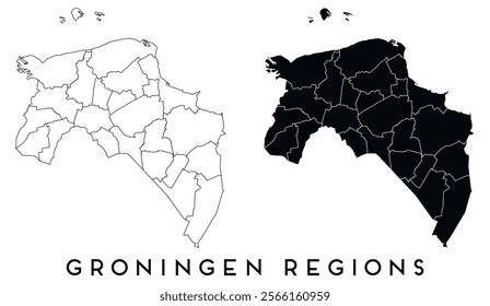 Groningen map of regions districts vector black on white and outline