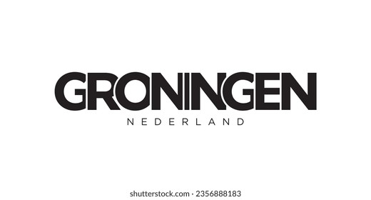 Groningen in the Netherlands emblem for print and web. Design features geometric style, vector illustration with bold typography in modern font. Graphic slogan lettering isolated on white background.