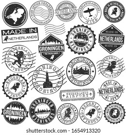 Groningen Netherlands Set of Stamp. Vector Art Postal Passport Travel Design. Travel and Business Seals.