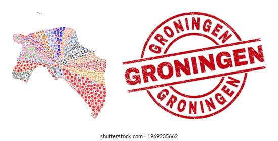 Groningen Province map collage and Groningen red round badge. Groningen badge uses vector lines and arcs. Groningen Province map collage includes gears, homes, screwdrivers, suns, men,