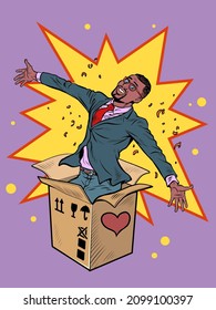 Groom african man businessman box valentine surprise greeting, love romance. Pop Art Retro Vector Illustration 50s 60s Vintage kitsch Style