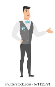 Groom with arm out in a welcoming gesture. Full length of welcoming young caucasian groom in a wedding suit. Groom doing a welcome gesture. Vector flat design illustration isolated on white background