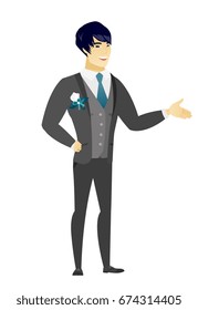 Groom with arm out in a welcoming gesture. Full length of welcoming young asian groom in a wedding suit. Groom doing a welcome gesture. Vector flat design illustration isolated on white background
