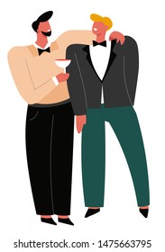 Groom and best man, wedding day or marriage ceremony vector. Friends in tuxedos with alcohol drink, male characters. Toast and cheering, friendship, party and celebration, usher or groomsman