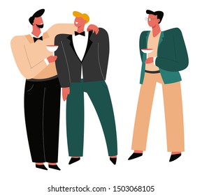 Groom and best men, wedding day or marriage ceremony vector. Friends in tuxedos with alcohol drink, male characters. Toast and cheering, friendship, party and celebration, ushers or groomsmen