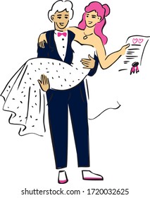 The groom in a blue suit holds the bride with the marriage contract in his hands. The concept of a happy family life drawn by hand. Happy newlyweds at the wedding ceremony. Cartoon vector illustration