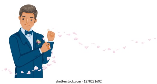 Groom in blue tuxedo and red bowtie correct his buttons. Wear cufflink, boutonniere. Perfect style wedding. Details and prepare to dress for a wedding ceremony in romantic atmosphere.vector