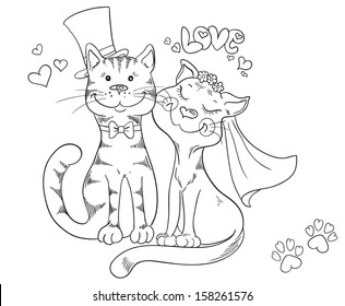 Groom and bride, cat's wedding. Cute romantic background