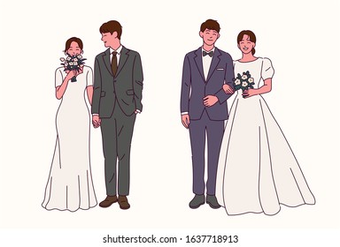 Groom and bride characters collection in wedding dresses. hand drawn style vector design illustrations. 