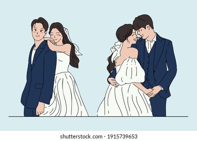 Groom and bride characters collection in wedding dresses. Hand drawn style vector design illustrations of wedding couple.