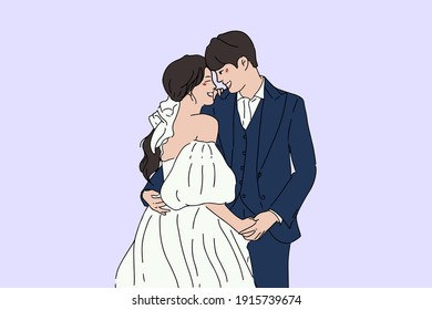 Groom and bride characters collection in wedding dresses. Hand drawn style vector design illustrations of wedding couple.