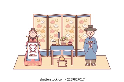 Groom and bride characters having a traditional Korean wedding ceremony. There is a food table in the middle and a folding screen at the back.