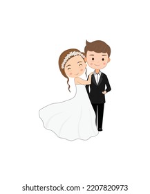 Groom and bride characters in wedding dress vector isolated on white background. 