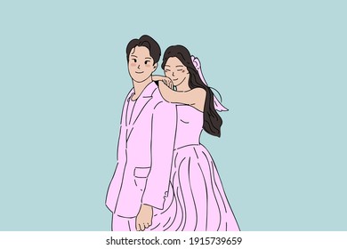Groom and bride characters in wedding dresses. Hand drawn style vector design illustrations of wedding couple.