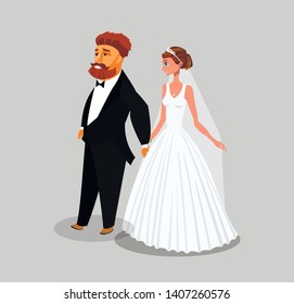 Groom and Bride Couple Cartoon Design Element. Newlyweds, Just Married Flat Portrait. Wife in White Dress, Bridal Veil, Husband Vector Character. Marriage Ceremony, Engagement Postcard Concept