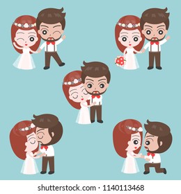 Groom and bride cute character for use as wedding invitation card or backdrop