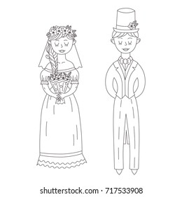 Groom and bride doodle line black and white vector illustration