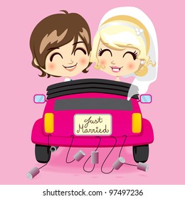 Groom and bride driving a pink automobile with a just married car plate and cans tied to bumper