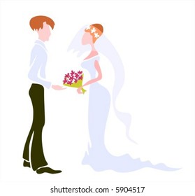 The groom and the bride hold each other for hands. Wedding illustration.